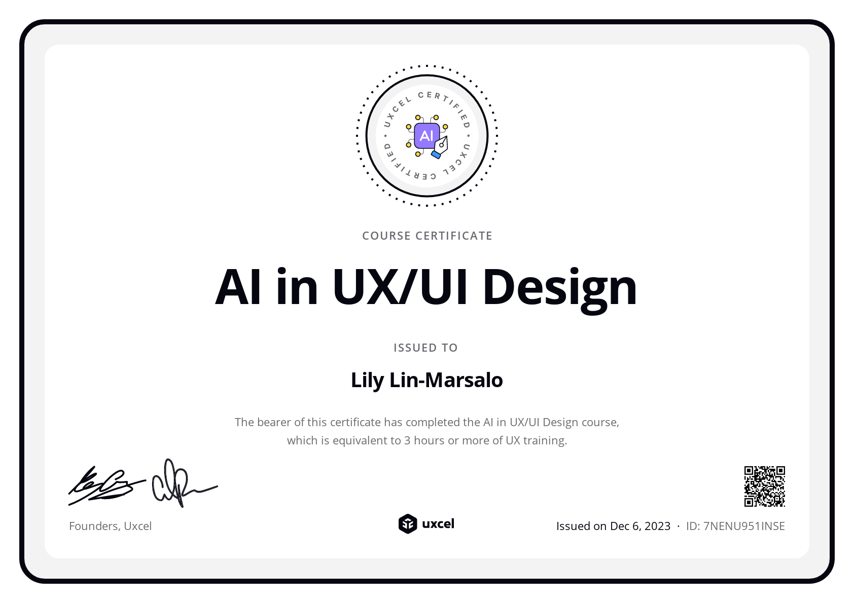 Lily Lin-Marsalo's certificate